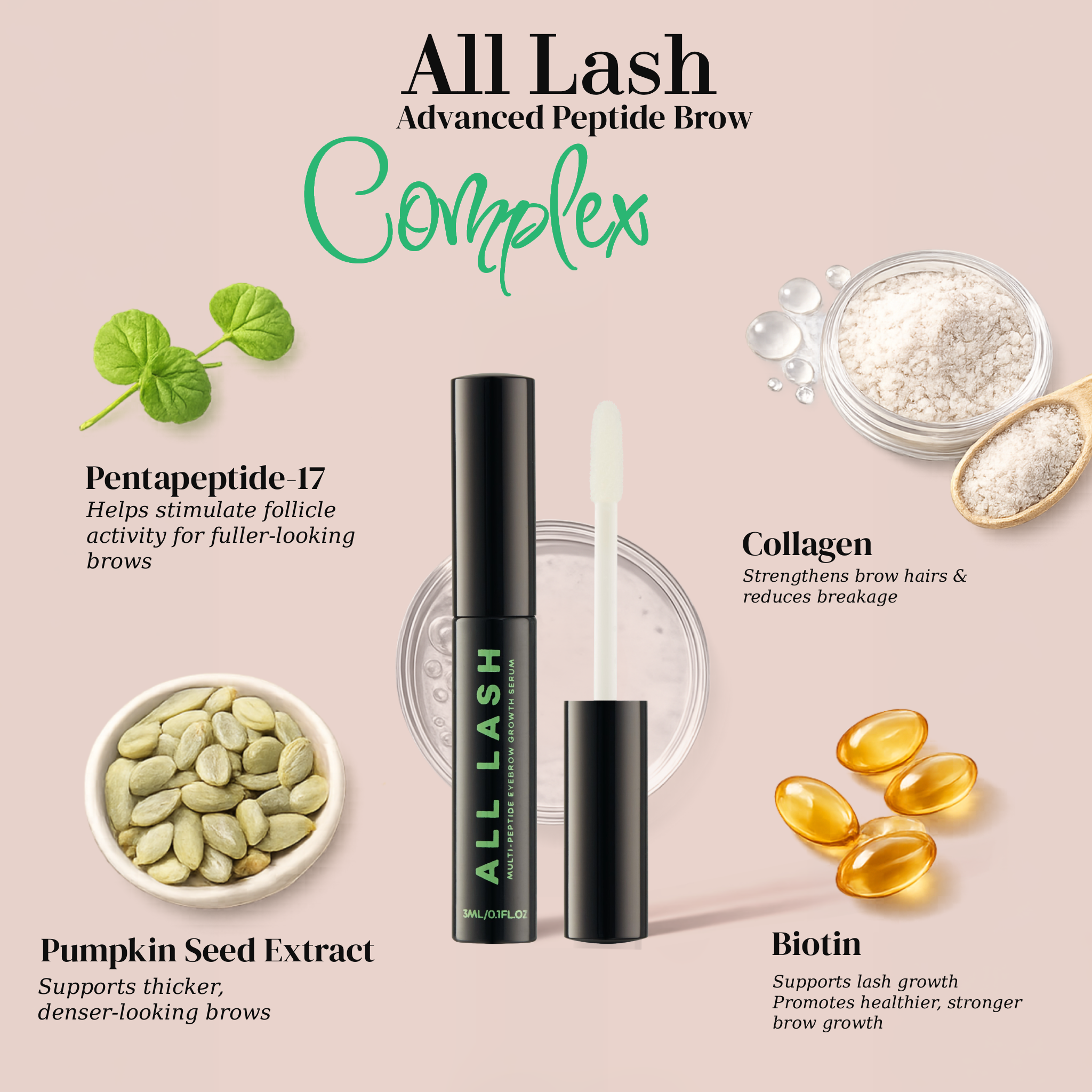 ALL-LASH Natural Eyebrow Growth Serum with Advanced Peptides, Biotin, Collagen and Pumpkin Seed Extract for Fuller, Thicker Brows