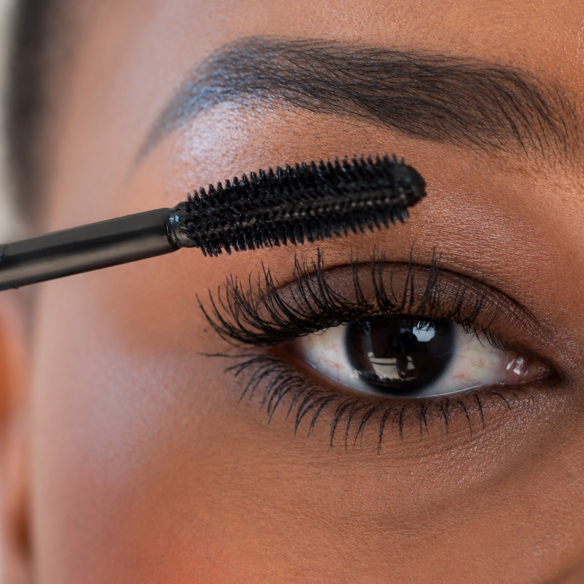 Close-up of ALL-LASH Bloom Growth Serum Mascara being applied to natural lashes for longer, thicker, fuller-looking eyelashes.