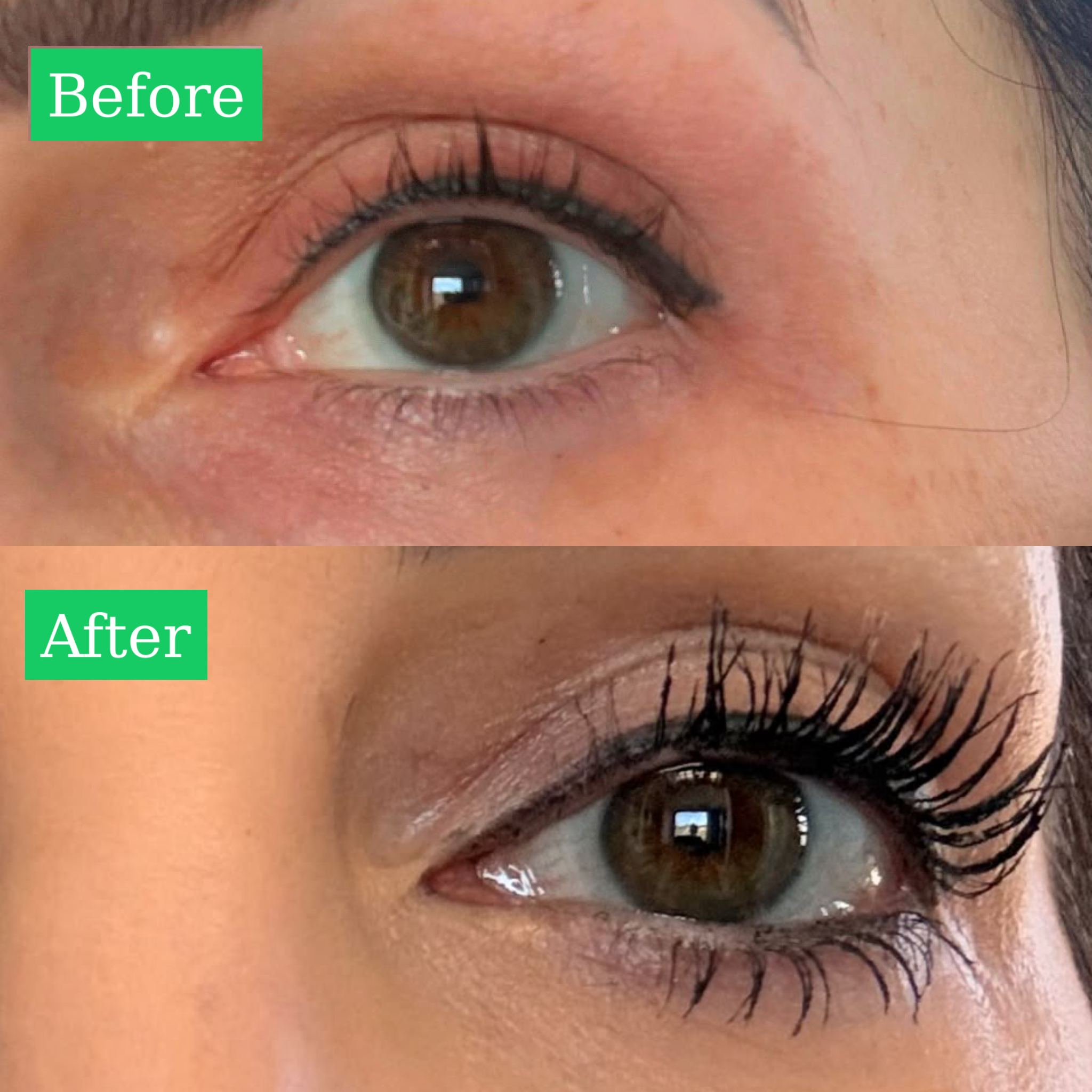 Before and after eye comparison wearing ALL-LASH Bloom Serum Infused Mascara with a tubing formula for longer, fuller-looking lashes