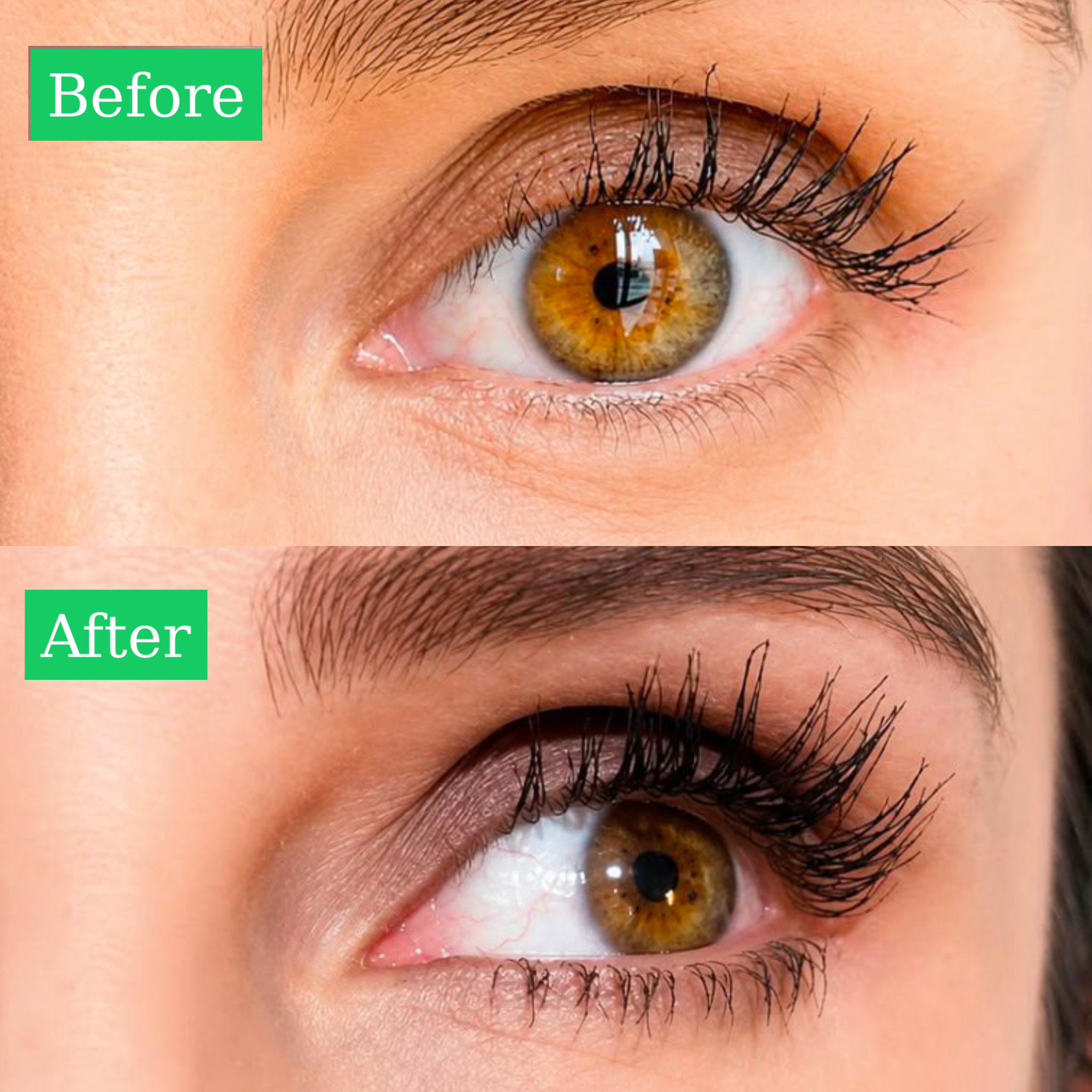 Before-and-after comparison showing longer, fuller-looking lashes after using ALL-LASH Eyelash Growth Serum.