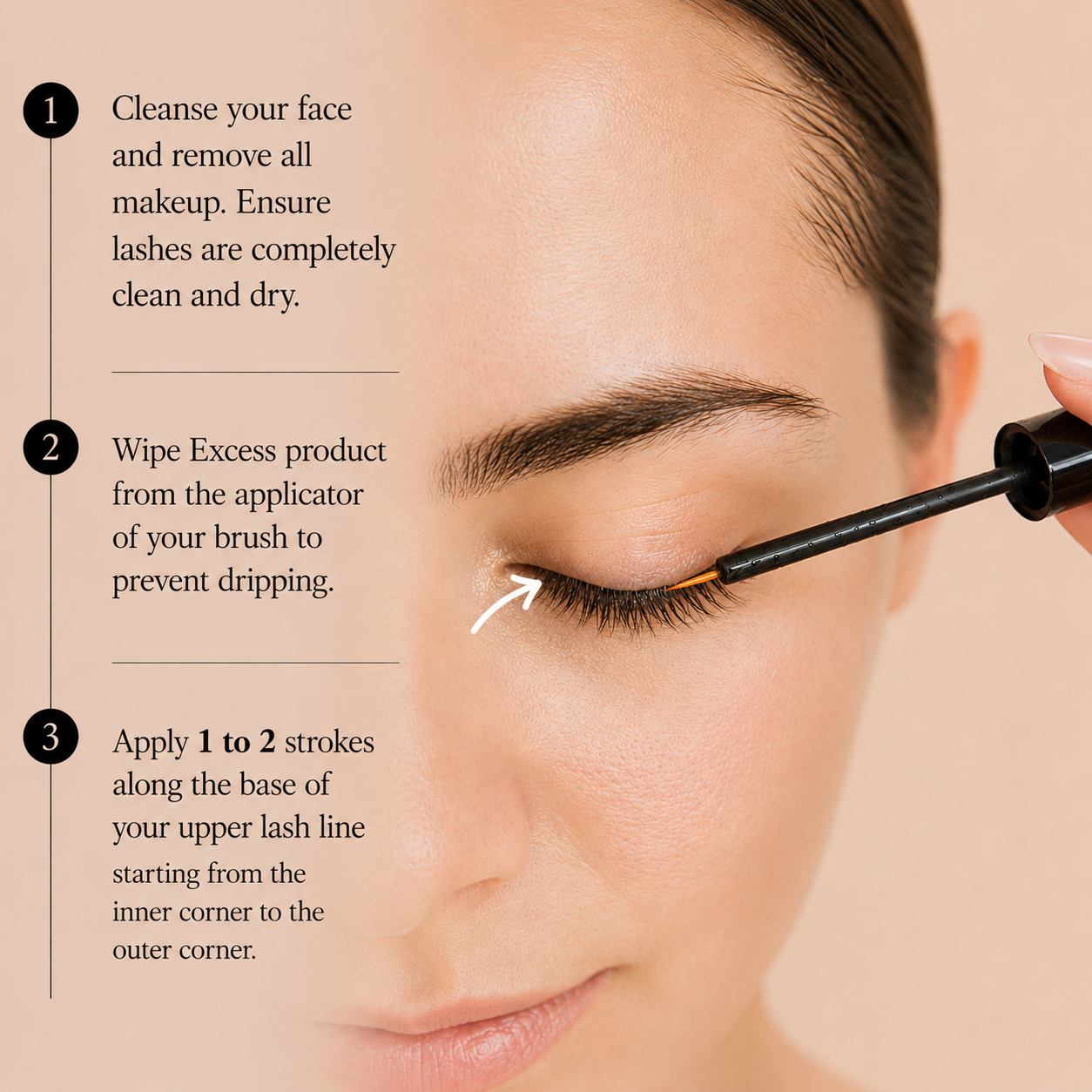 How to apply ALL-LASH Eyelash Growth Serum with step-by-step instructions showing application along the upper lash line for longer, fuller-looking lashes.