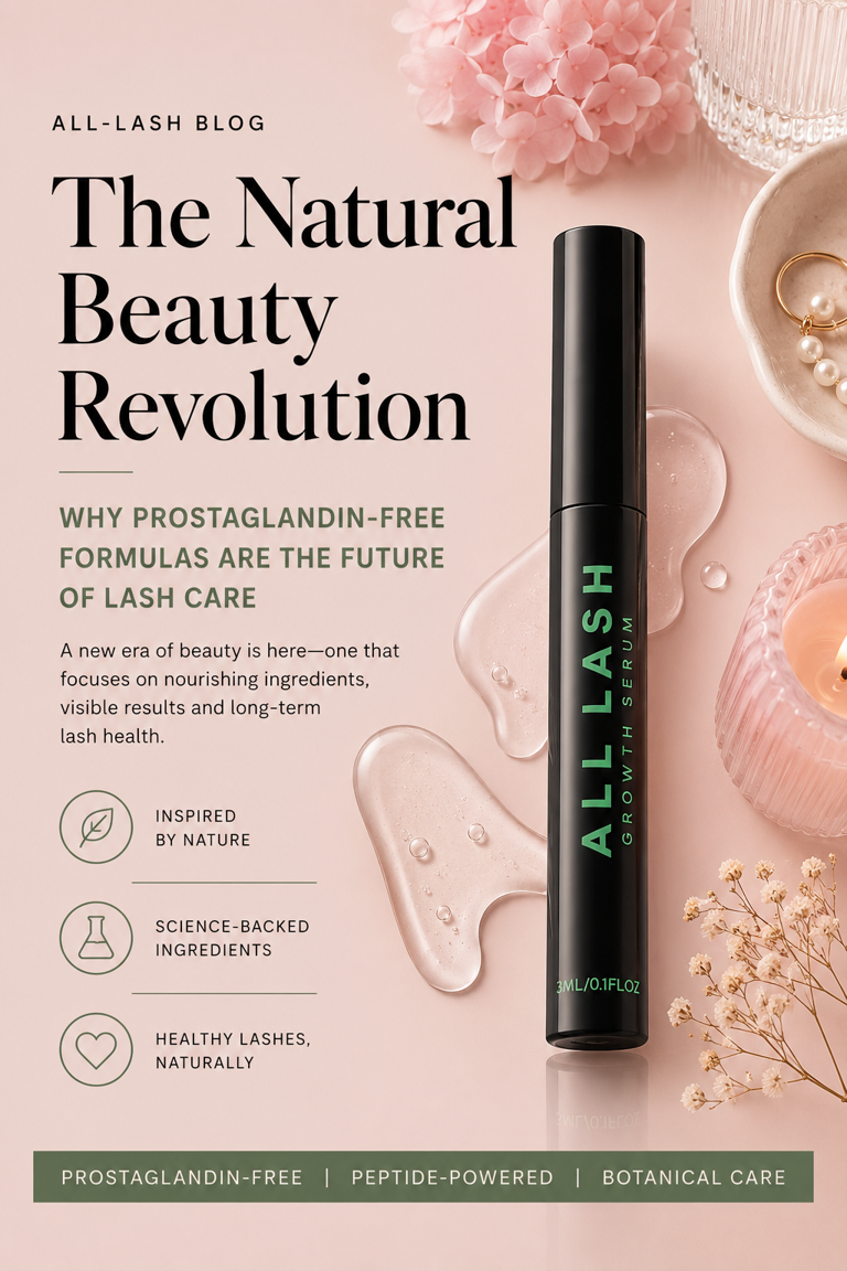 ALL-LASH Growth Serum featured in a luxury beauty flat lay for a blog about prostaglandin-free lash serums, natural lash care and healthier-looking lashes.