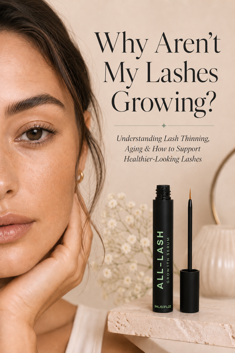 Woman with naturally beautiful lashes beside ALL-LASH Growth Serum for a blog about why eyelashes aren't growing, lash thinning, and healthy lash care.