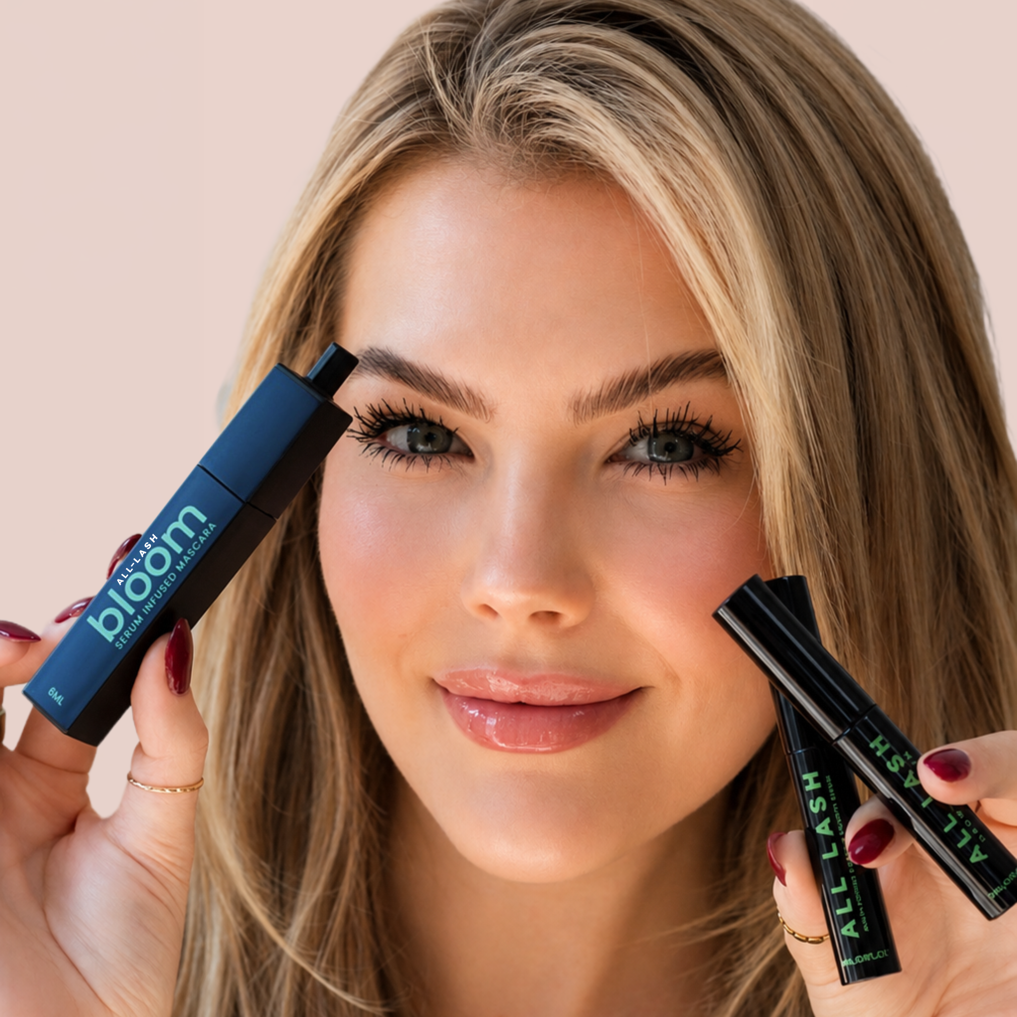 Woman holding the ALL-LASH Complete Lash & Brow Trio Set with Eyelash Growth Serum, Eyebrow Growth Serum and Bloom Serum Infused Mascara for naturally longer, thicker lashes and fuller brows.