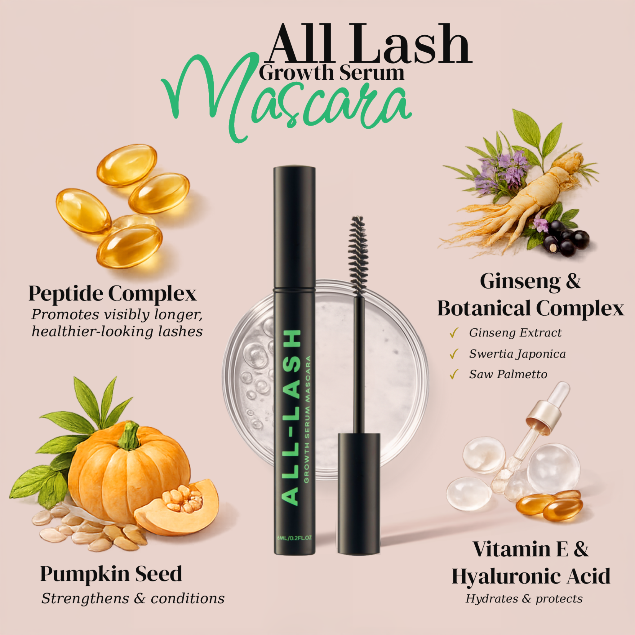 ALL-LASH Serum Infused Mascara with Peptide Complex, Ginseng, Pumpkin Seed and Hyaluronic Acid for longer, healthier-looking Lashes 