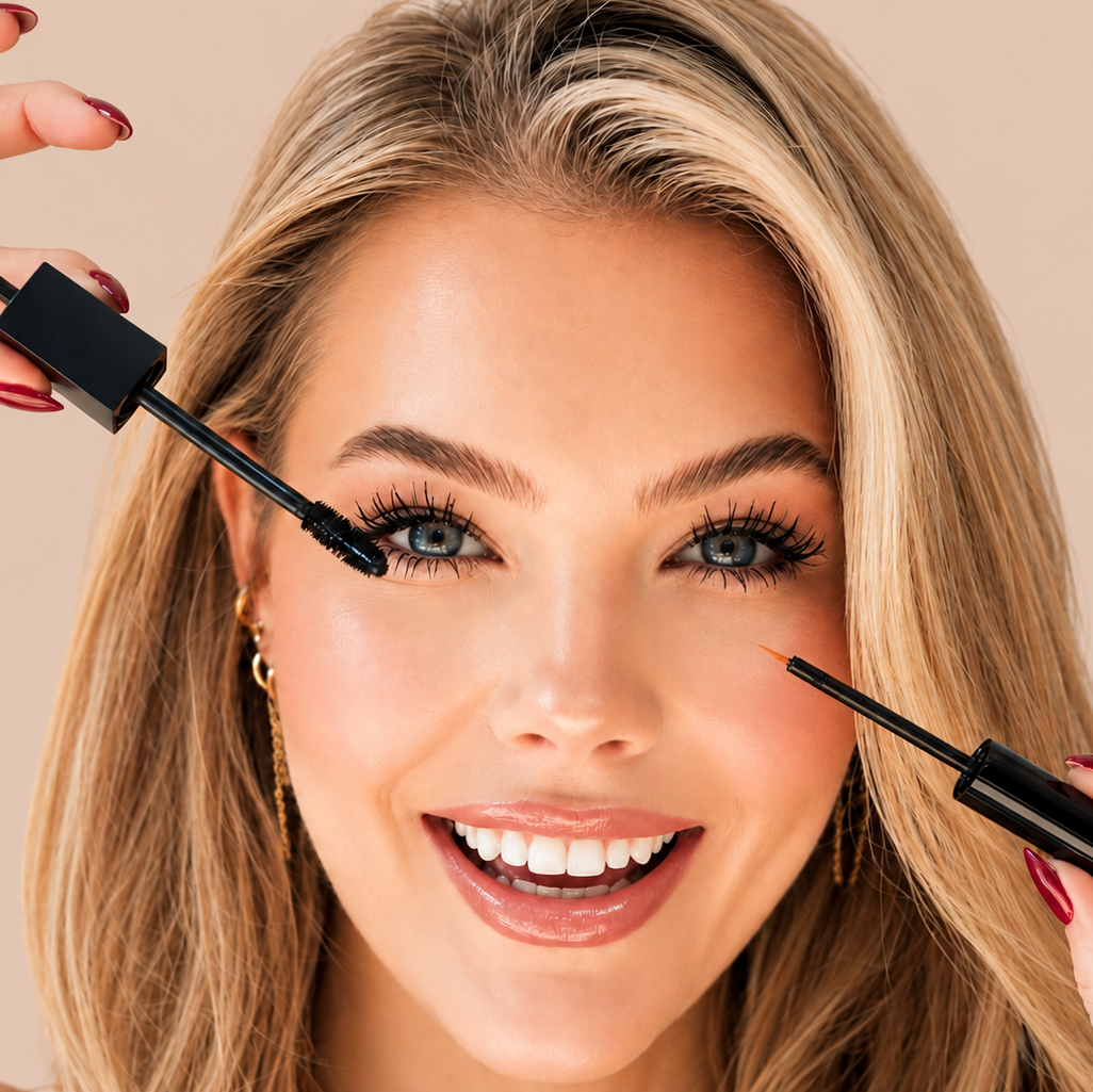 ALL-LASH eyelash serum and eyebrow serum application showing a model applying both growth serums for naturally longer lashes and fuller brows.