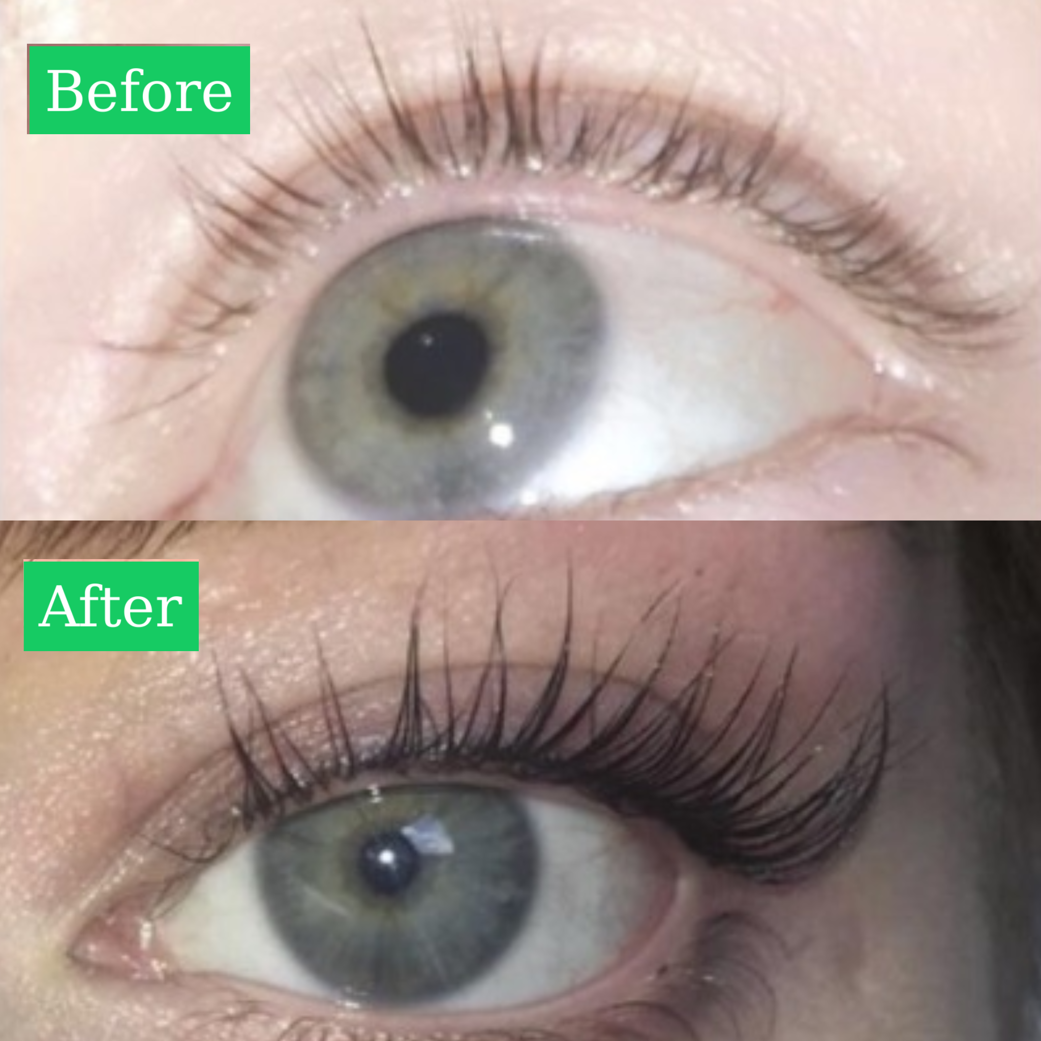 Before and after using ALL-LASH Eyelash Growth Serum after 12 weeks, showing visibly longer, fuller and healthier-looking natural lashes