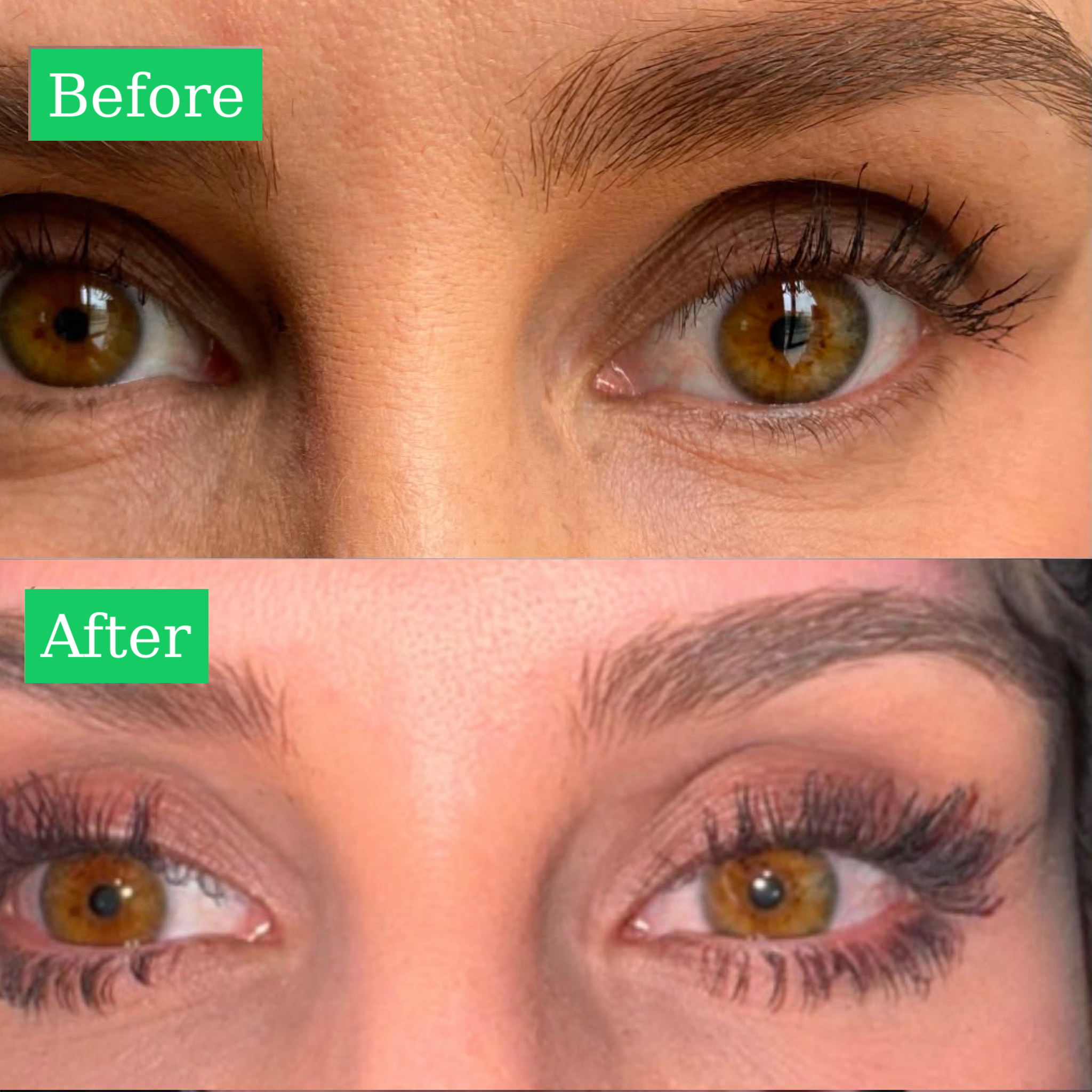 Before-and-after results showing fuller, thicker-looking lashes using ALL-LASH Thickening Mascara.